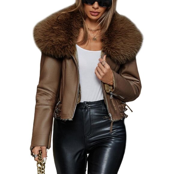 ⚡Women's Brown Faux Leather Jacket Moto Biker Lined Coat Removable Fur Collar - Picture 1 of 6
